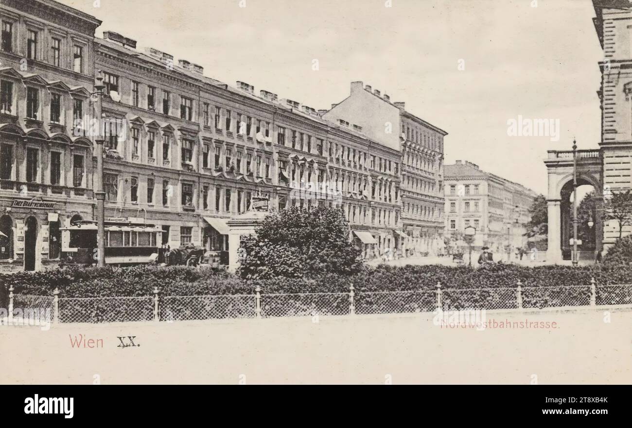 20th, Nordwestbahnstraße - con lato di partenza del Nordwestbahnhof, cartolina fotografica, Sperlings Postkartenverlag (M. S.), fabbricante, 1900-1905, cartone, collotipo, altezza x larghezza 9 x 14 cm, stazione ferroviaria, trasporti pubblici, luoghi ed edifici scomparsi, traffico e trasporti, 20: Brigittenau, strada, la solita casa o fila di case, basso edificio, casa combinata con negozio, con persone, la collezione Vienna Foto Stock