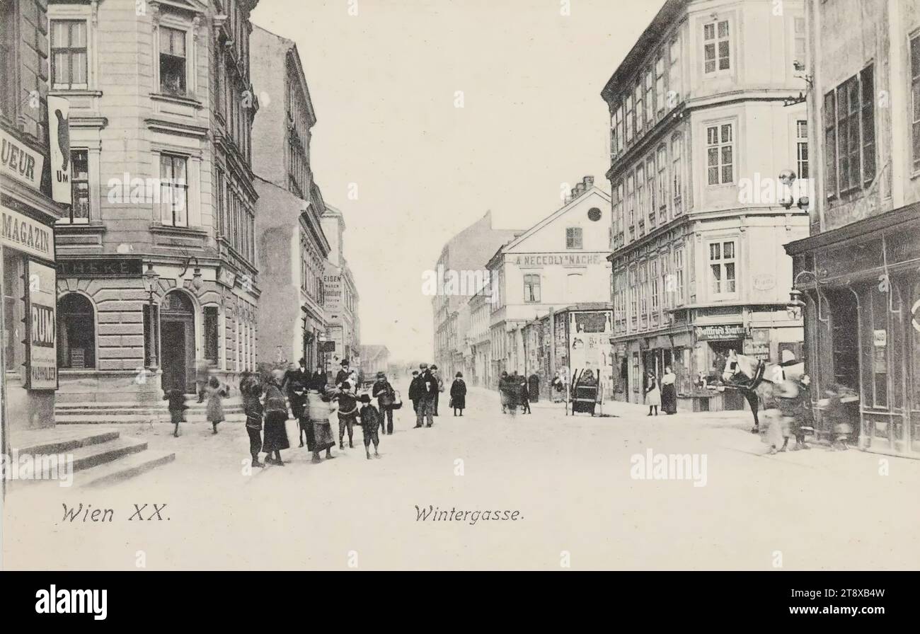 20th, Wintergasse (oggi Hartlgasse) - generale, cartolina fotografica, Sperlings Postkartenverlag (M. S.), produttore, 1908, cartone, collotipo, altezza x larghezza 9 x 14 cm, 20: Brigittenau, strada, casa ordinaria o fila di case, basso, appartamento, casa combinata con negozio, con persone, la Vienna Collection Foto Stock
