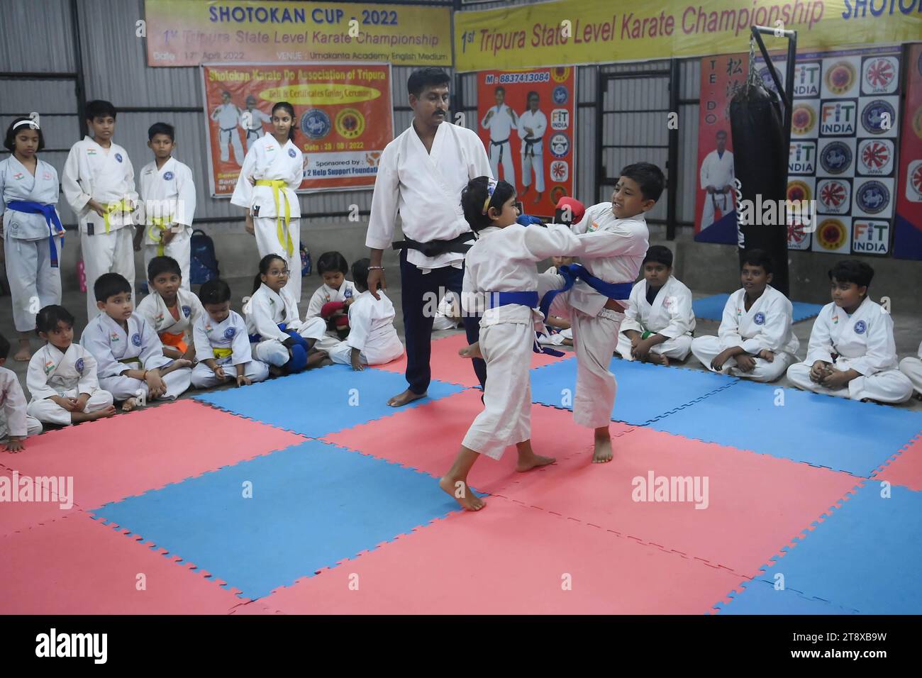 I bambini, che sono studenti della 'Shotokan Karate-Do Association of Tripura', sono visti esibirsi in karate durante una lezione speciale nel giorno dei bambini a Barjala, ad Agartala. Tripura, India. Foto Stock