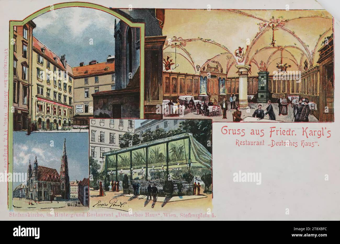 1st, Stephansplatz 4 - ristorante 'Deutsches Haus', cartolina fotografica, discutibile:, data intorno al 1898, cartone rivestito, incisione in legno, altezza x larghezza 9 x 14 cm, industria alberghiera e ristorante, St Cattedrale di Stephan, attrazioni, 1° distretto: Innere Stadt, Stephansplatz, la collezione di Vienna Foto Stock