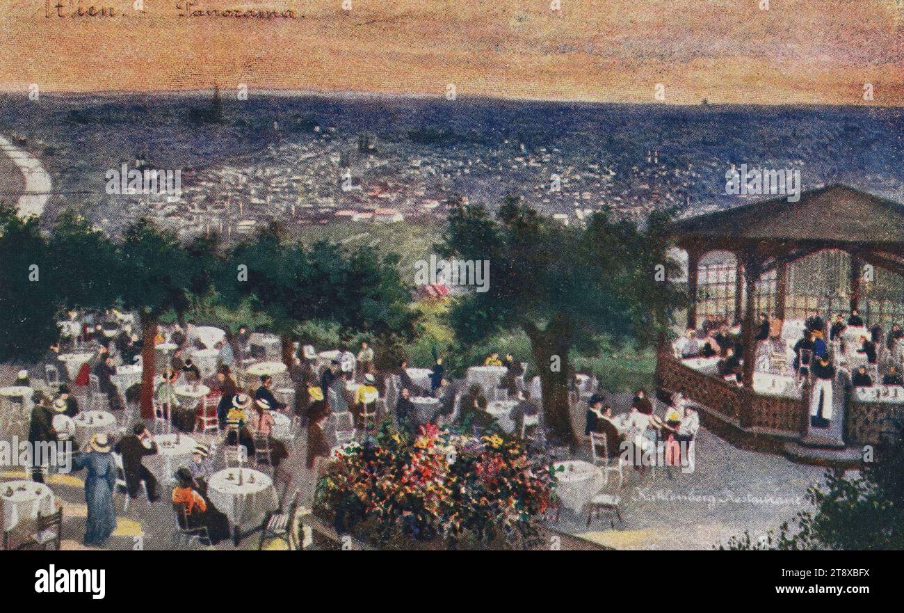 19, ristorante Kahlenberg, con panorama di Vienna, cartolina fotografica, Hans Nachbargauer, produttore, 1926, cartone rivestito, stampa a mezzitoni, altezza x larghezza 9 x 14 cm, iscrizione, DA, Vienna, A, Plitvica, INDIRIZZO, Wohlg., Frau, per indirizzo famiglia, Ferk, Plitvica, posta Apaze, vicino Ober-Radkersburg, Jugoslavia, MESSAGGIO, grazie per la vostra cara carta, che ho ricevuto oggi. Sono arrivato a Vienna solo oggi [cross bar over m significa mm, nota], quindi non sono riuscito a rispondere prontamente. Sono felice che tu stia bene, anche io. Addio con tanti saluti, mangia e bevi, Vienna Woods Foto Stock