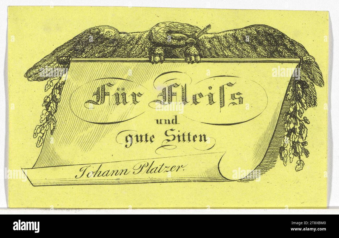 Immagine di diligenza per il riconoscimento dei risultati (probabilmente scolastici), sconosciuto, Data intorno al 1840, carta, incisione, altezza x larghezza 6, 1 x 9, 5 cm, media e comunicazione, borghesia, Biedermeier, pubblicità, servizi, uccelli predatori: aquila, biglietto da visita, carta telefonica, etichetta con il nome, badge, la Vienna Collection Foto Stock