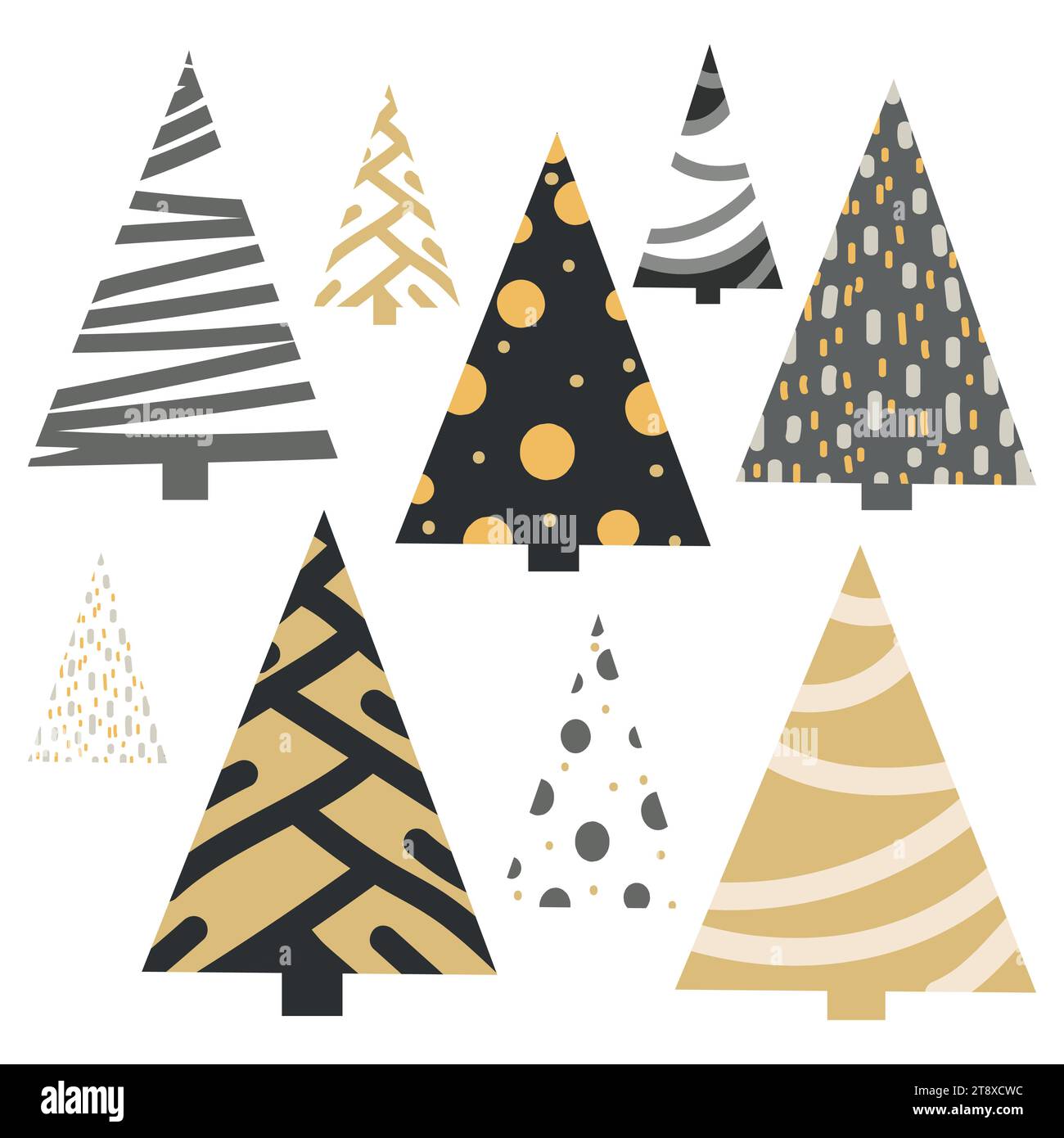 Christmas Trees Vector in moderno stile scandinavo. Collezione boho christmas Trees in stile astratto, design semplice per decorazioni natalizie, poster, Illustrazione Vettoriale