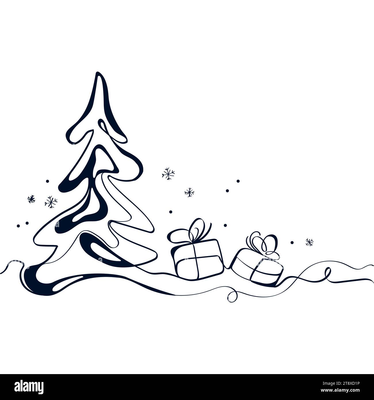 Albero di Natale con banner art linea regali, biglietto d'auguri di Natale, concetto di vacanze invernali disegno a linee continue illustrazione in bianco e nero. Illustrazione Vettoriale