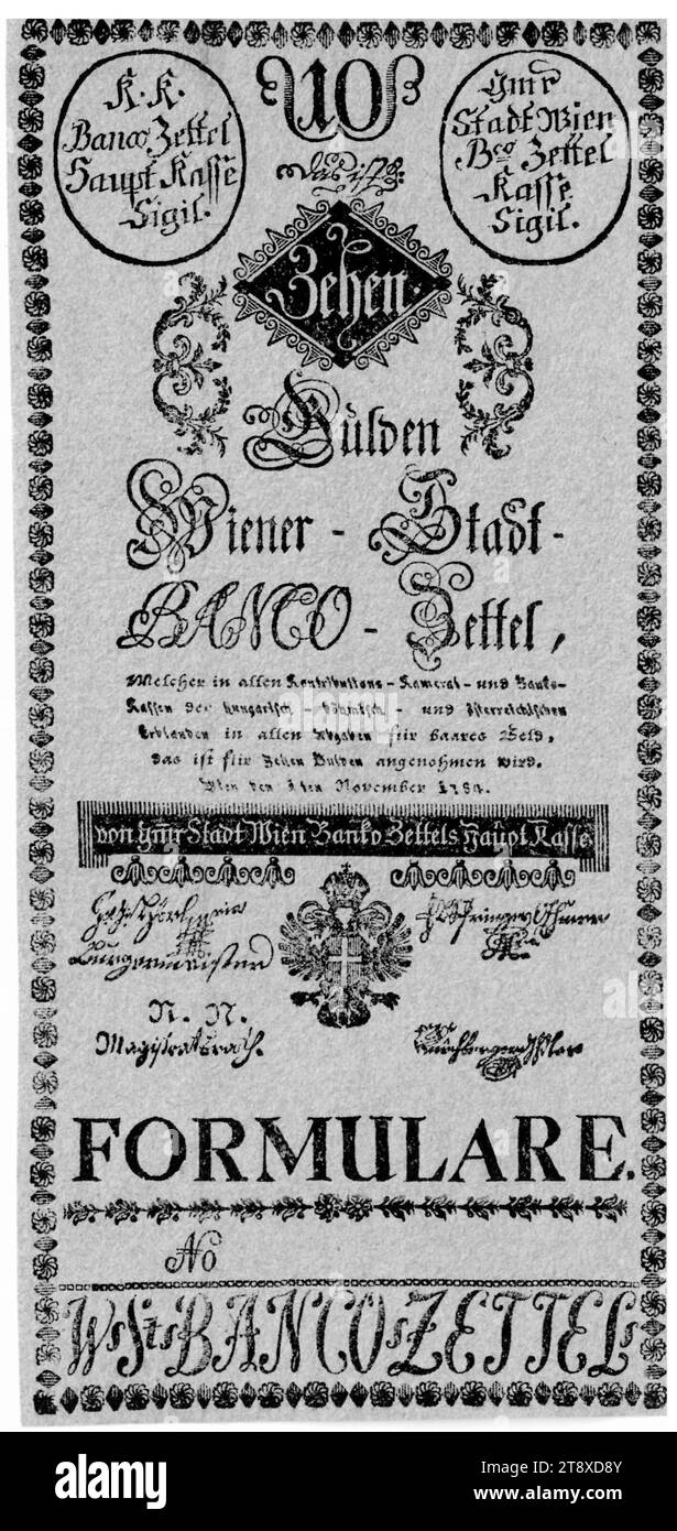 Banco-sheet, 10 Gulden, Wiener Stadt-Banco, Mint Authority, 01.11.1784, carta, stampa, larghezza 88 mm, altezza 190 mm, menta, Wien, Mint Territory, Österreich, Kaiserreich (1804-1867), Finanze, stemma (simbolo dello stato, ecc.), bancomat, denaro, la Vienna Collection Foto Stock