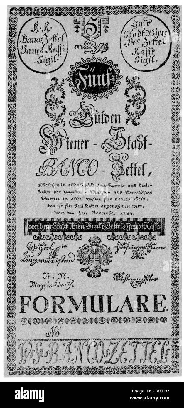 Banco note, 5 fiorini, Vienna City Banco, autorità zecca, 01.11.1784, carta, stampa, altezza 189 mm, larghezza 91 mm, menta, Vienna, territorio della zecca, Austria, Impero (1804-1867), Finanze, stemma (simbolo dello stato, ecc.), bancomat, denaro, la Vienna Collection Foto Stock