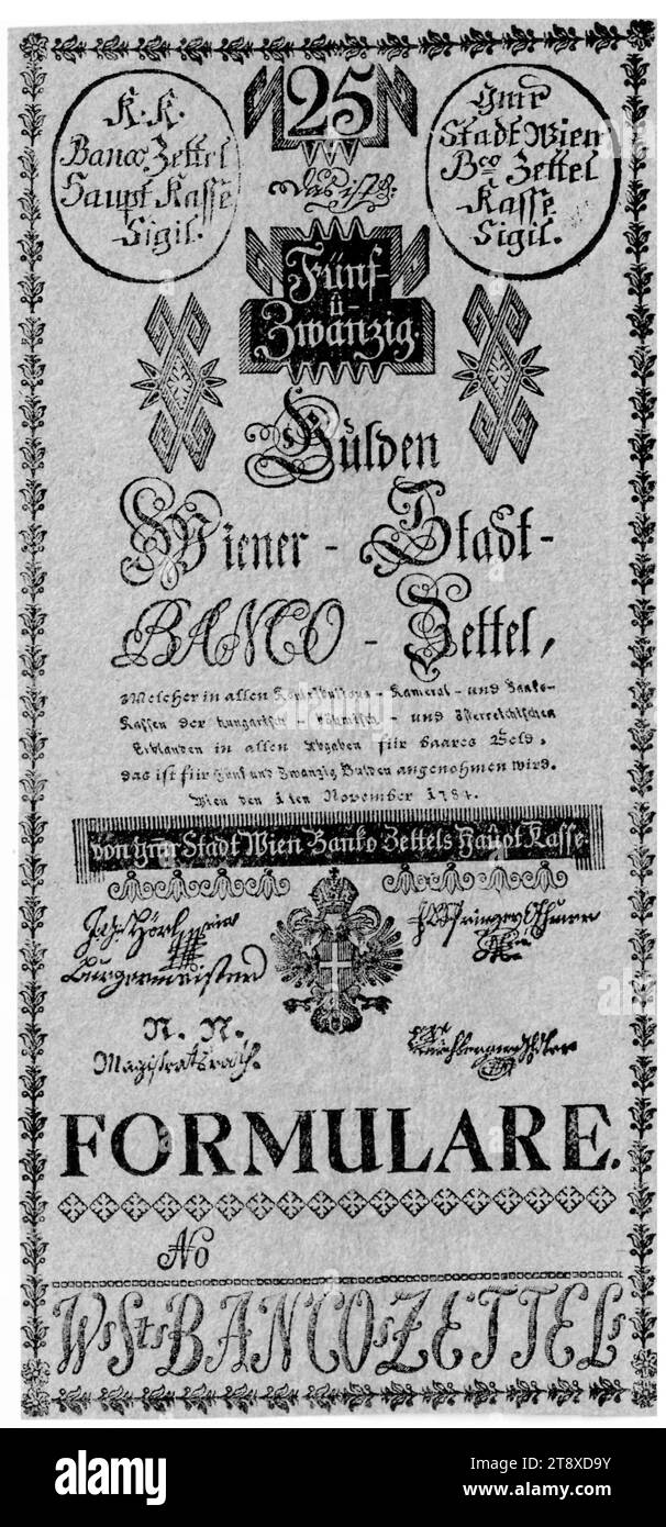 Banco-sheet, 25 Gulden, Vienna City Banco, Mint Authority, 01.11.1784, carta, stampa, altezza 188 mm, larghezza 87 mm, menta, Vienna, territorio della zecca, Austria, Impero (1804-1867), Finanze, stemma (simbolo dello stato, ecc.), bancomat, denaro, la Vienna Collection Foto Stock