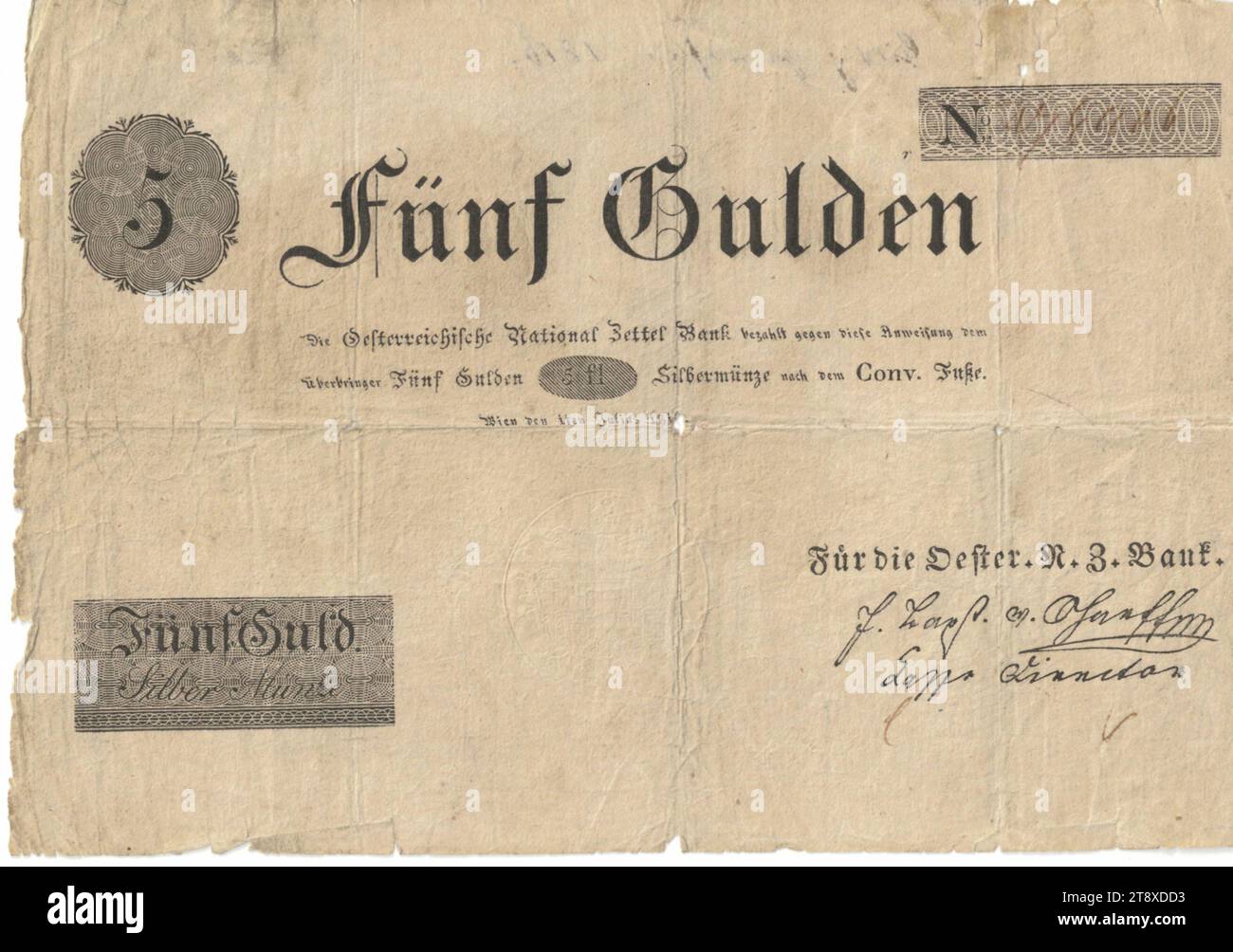 Istruzione, 5 fiorini, Austrian National Zettel Bank, Mint Authority, 01.07.1816, carta, stampa, altezza x larghezza 118 x 180 mm, menta, Vienna, territorio della menta, Austria, Empire (1804-1867), Finance, bancomat, Money, The Vienna Collection Foto Stock