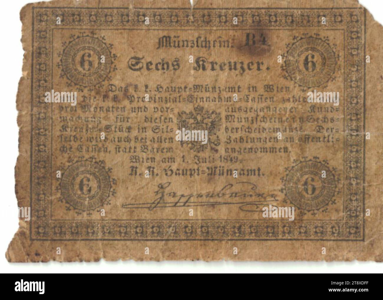 Mint Bill, 6 Kreuzer, k.k. Hauptmünzamt, Mint Authority, 01.07.1849, carta, stampa, altezza x larghezza 48 x 69 mm, menta, Vienna, finanza, stemma (simbolo dello stato, ecc.), bancomat, denaro, la Vienna Collection Foto Stock