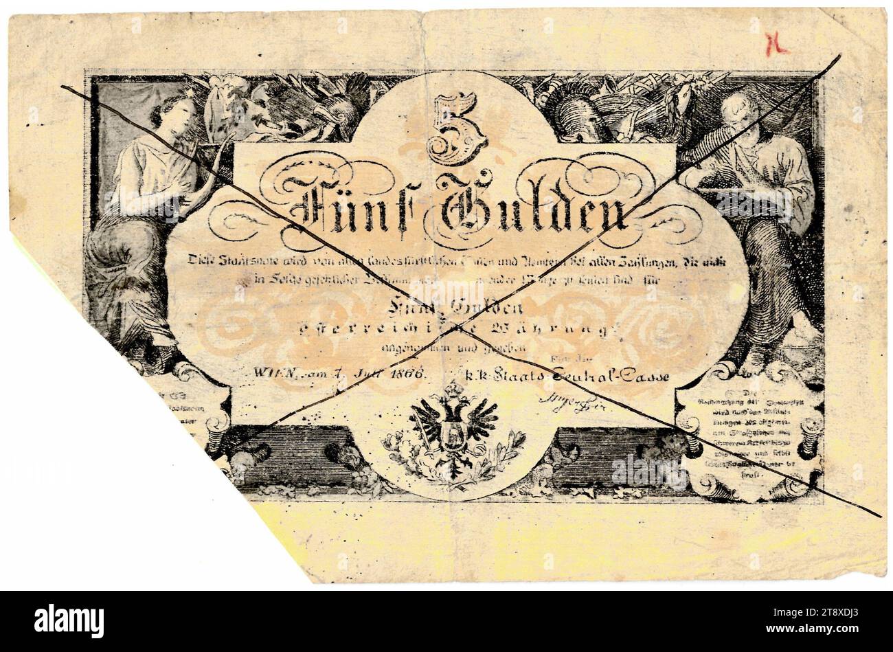 Staatsnote (Fälschung), 5 Gulden, K. K. Staats-Central-casse, autorità zecca, data successiva al 07.07.1866, carta, stampa, larghezza 136 mm, altezza 89 mm, menta, Wien, Mint Territory, Österreich, Kaiserreich (1804-1867), Finanze, contraffazione, falsificazione, stemma (simbolo dello stato, ecc.), bancomat, denaro, la Vienna Collection Foto Stock