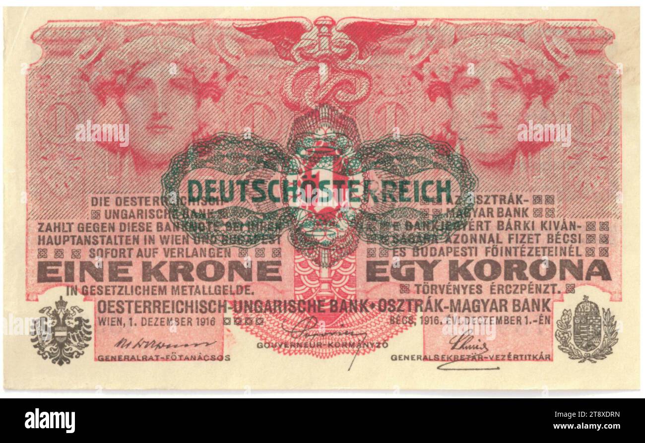 Banconota, 1 corona, Alois Hans Schram (1864-1919), artista, Rudolf Rössler (1864-1934), artista, Rudolf Junk (1880-1943), Artist, Österreichisch-ungarische Bank, Mint Authority, 01.12.1916, paper, stampa, larghezza 113 mm, altezza 69 mm, Mint, Vienna, territorio della zecca, Austria, prima Repubblica (1918-1933), prima Repubblica, Finanze, donna, bancomat, soldi, la Vienna Collection Foto Stock