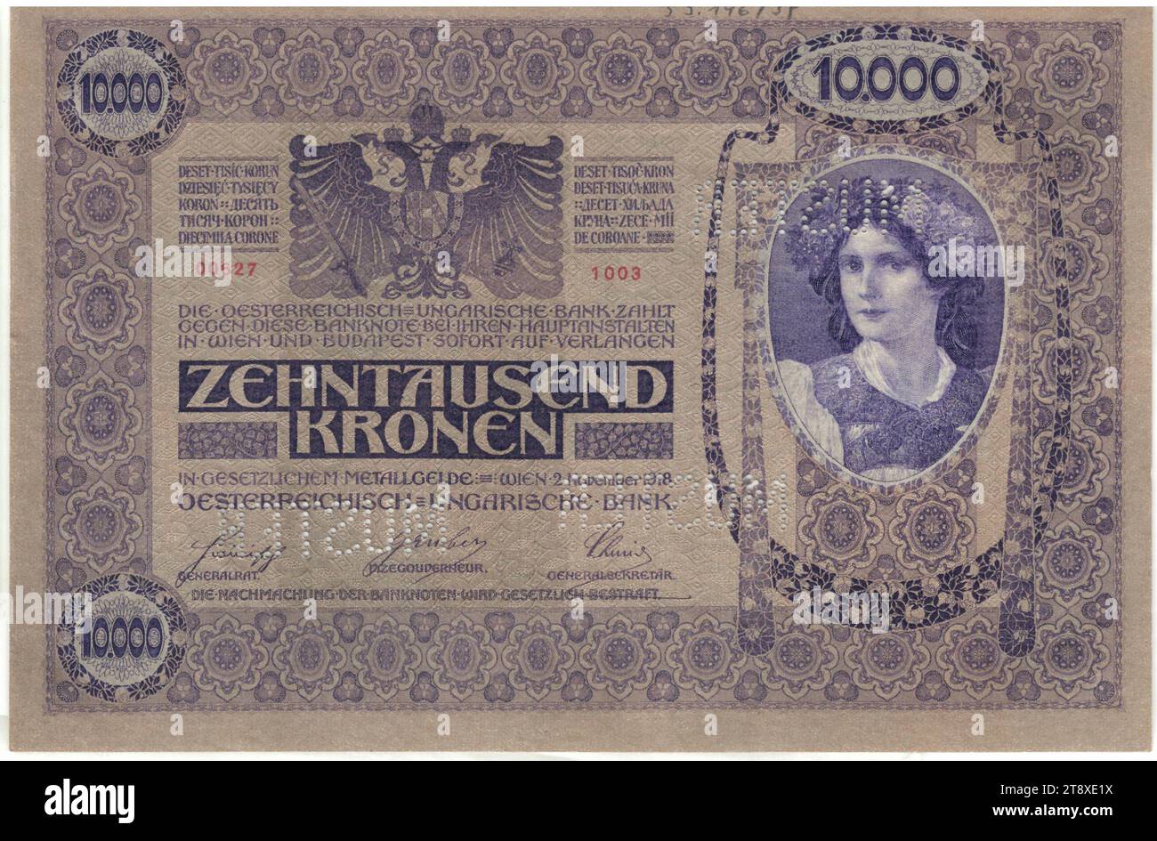 Banconota (modello), 10000 corone, Rudolf Rössler (1864-1934), artista, Heinrich Lefler (1863-1919), artista, Rudolf Junk (1880-1943), artista, Banca austro-ungarica, autorità zecca, 02.11. 1918, carta, stampa, larghezza 194 mm, altezza 128 mm, zecca, Vienna, territorio della zecca, Austria-Ungheria, Kaiser-, Königreich (1804, 06-1918), prima guerra mondiale, Finanza, stemma (simbolo dello stato, ecc.), donna, bancomat, denaro, la Vienna Collection Foto Stock