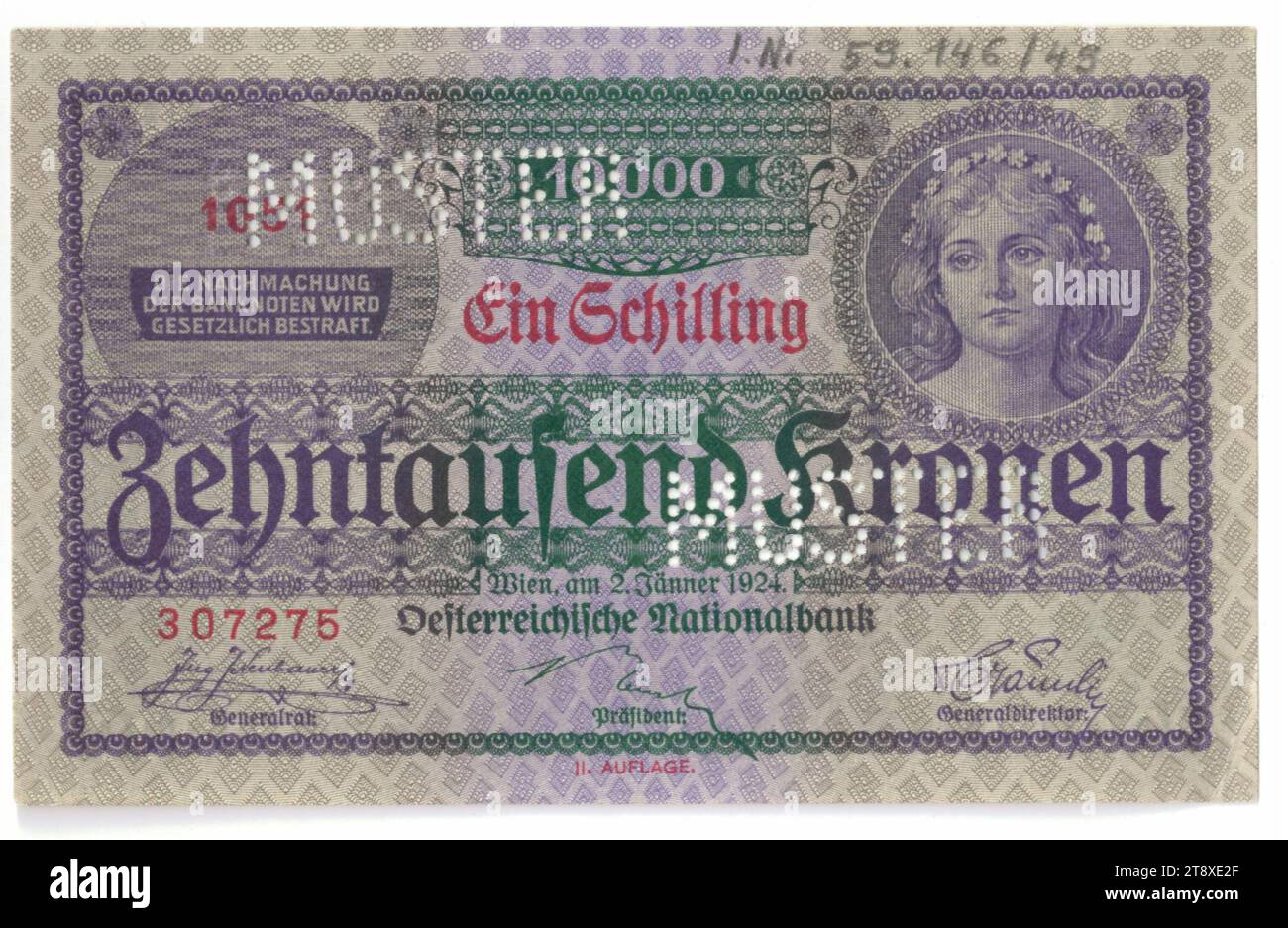 Banconota (campione), 10000 corone, 1 Schilling, Rudolf Junk (1880-1943), artista, Oesterreichische Nationalbank, autorità di zecca, 02.01.1924, carta, stampa, larghezza 126 mm, altezza 79 mm, Mint, Vienna, territorio della Mint, Austria, 1a Repubblica (1918-1933), la prima Repubblica, Finanza, donna, bancomat, soldi, la Vienna Collection Foto Stock