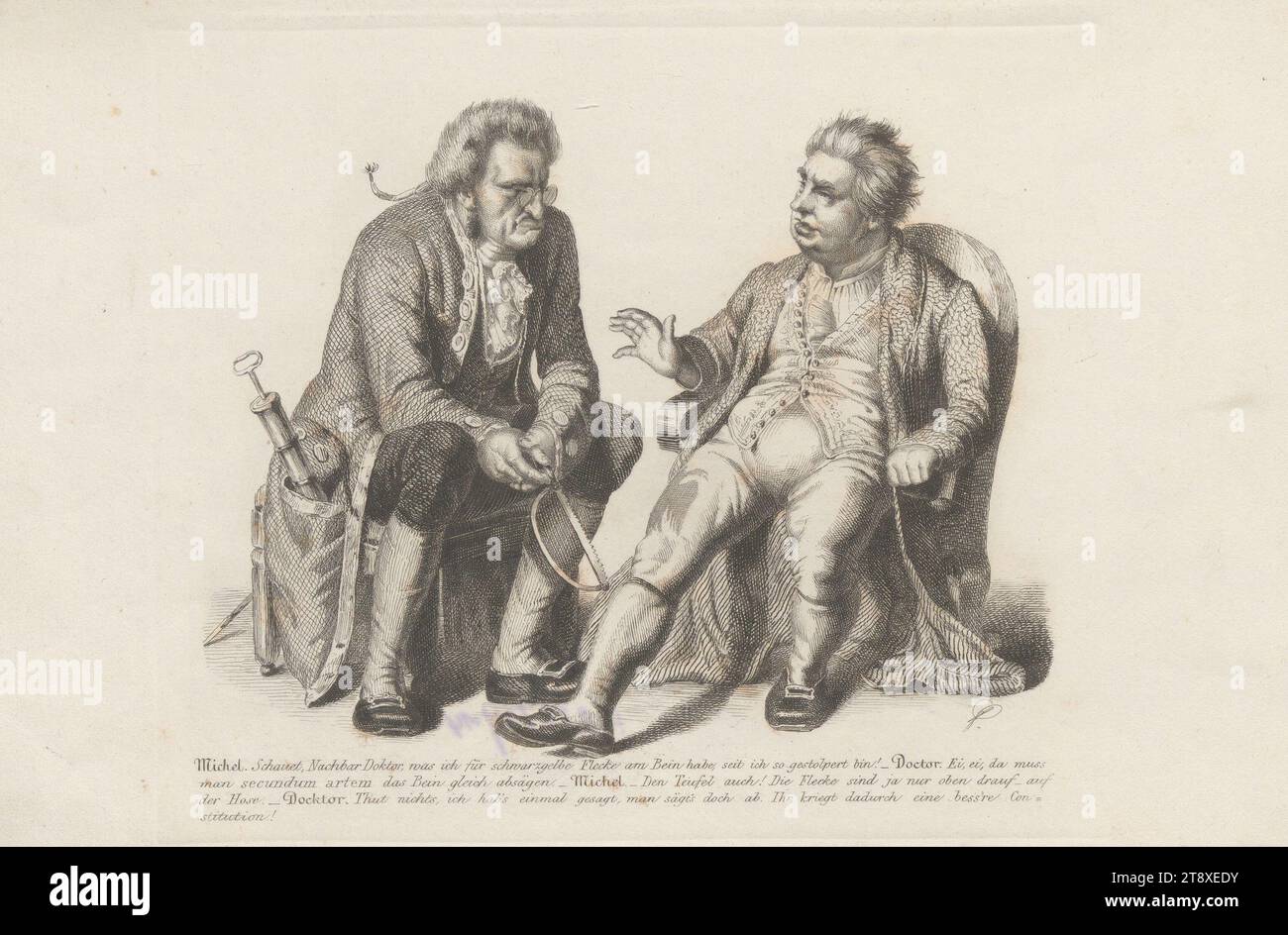 Friedrich Christoph Dahlmann, membro dell'Assemblea nazionale di Francoforte del 1848, vuole tagliare la gamba 'giallo-nero' del tedesco Michel (caricatura dell'atteggiamento piccolo-tedesco di Dahlmann), August Friedrich Pecht (1814-1903), litografo, Georg Wigand (1808-1858), editore, 1848, carta, incisione, altezza 19, 2 cm, larghezza 27, 9 cm, caricatura, Satire, rivoluzioni di 1848, 1849, politica, membro del parlamento, la collezione di Vienna Foto Stock