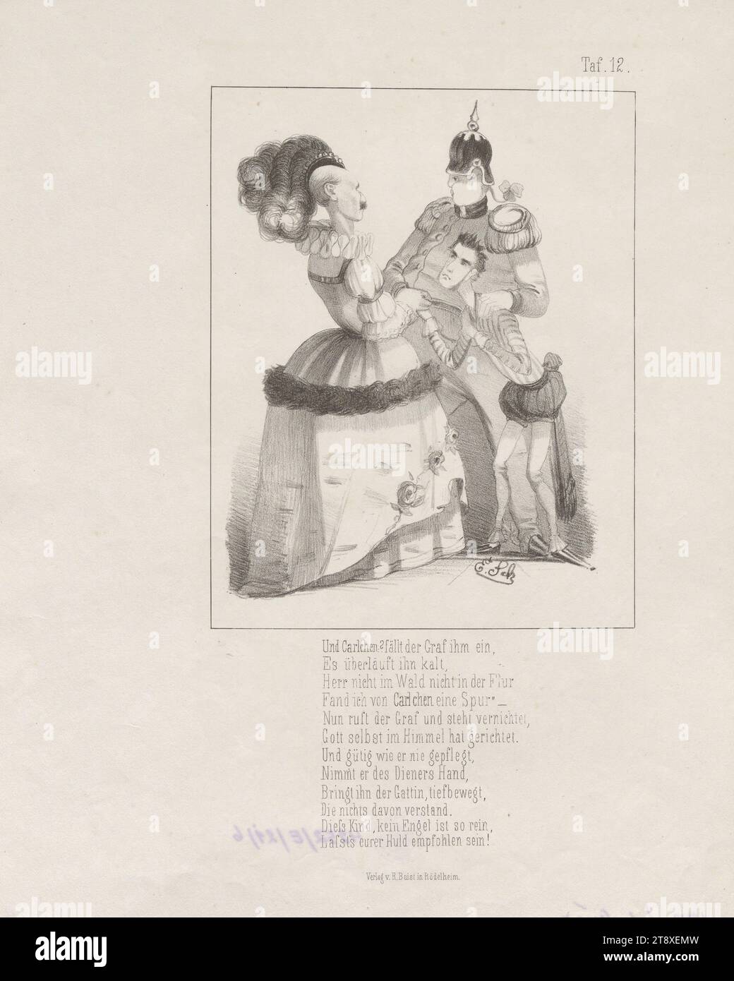 La passeggiata, dopo il martello di ferro, la ballata, II. problema". (Tavola 12: Caricatura su Heinrich von Gagern, arciduca Giovanni e Federico Guglielmo IV, Germania 1848), Adam Ernst Schalck (1827-1865), litografo, Reinhold Baist, editore, 1848, carta, litografia a gesso, altezza 34 cm, larghezza 27,2 cm, caricatura, satira, politica, Asburgo, rivoluzioni del 1848, 1849, membro del parlamento, uomo, re; imperatore, abito, abito, sovrano, sovrano, la Vienna Collection Foto Stock