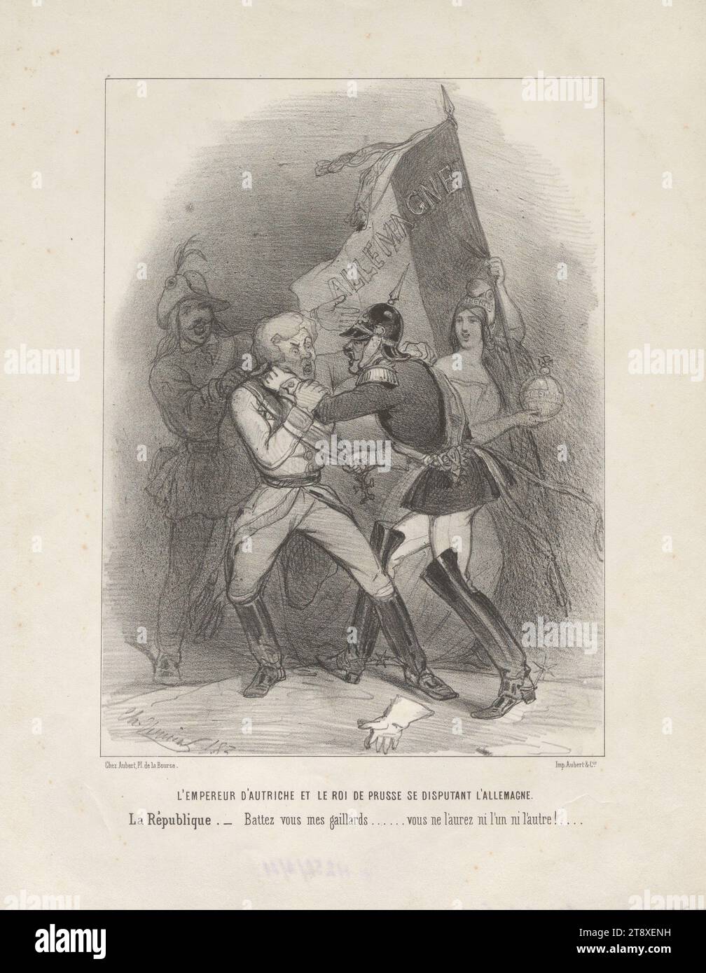 L'EMPEREUR D'AUTRICHE ET LE ROI DE PRUSSE SE DISPUTANT L'ALLEMAGNE. (Caricatura: Re Federico Guglielmo IV di Prussia e l'imperatore Ferdinando i litigano sulla Germania), Charles Vernier (1831-1892), litografo, Aubert & Cie., editore, 1848, carta, litografia a gesso, altezza 36 cm, larghezza 27,6 cm, caricature, Satire, rivoluzioni del 1848, 1849, re; imperatore, combattimento, bandiera, colori (come simbolo dello stato, ecc.), sovrano, sovrano, la collezione di Vienna Foto Stock