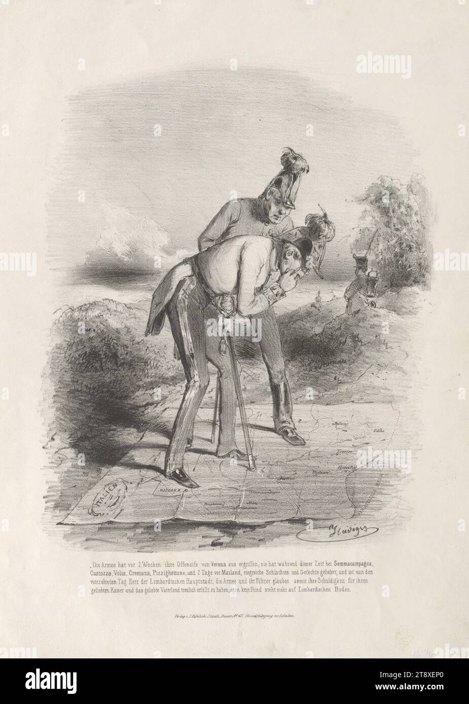 L'esercito ha preso la sua offensiva da Verona 2 settimane fa; (...)» (Satira sulle battaglie per Verona, 1848), August Xaver Karl Pettenkofen (Ritter von) (1822-1889), litografo, Johann Höfelich (1796-1849), editore, 1848, carta, litografia a gesso, altezza 38, 2 cm, larghezza 27, 7 cm, caricatura, Satire, rivoluzioni di 1848, 1849, militare, la Vienna Collection Foto Stock