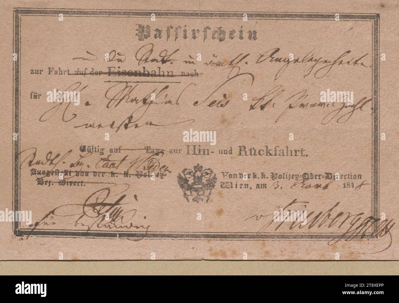 Pass of the k. k. Polizei-Oberdirektion for Mathias Seis of November 3, 1848, Unknown, 1848, paper, stampa e scrittura a mano, altezza 12,1 cm, larghezza 19 cm, rivoluzioni di 1848, 1849, la Vienna Collection Foto Stock