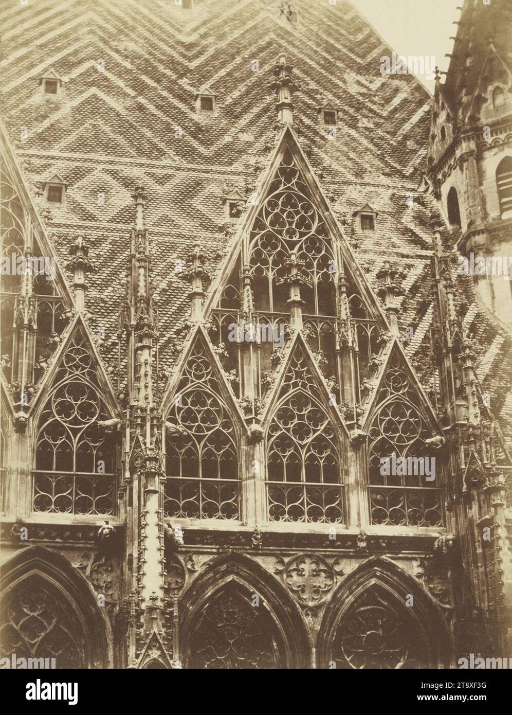 1°, St. Stephen's Cathedral, The New Extended gables sul lato nord, k. k. k. Hof- und Staatsdruckerei Wien (1804-1918), Photographer, 1856, Supporting Cardboard, Salted paper print, dimensioni immagine 55,2 x 41,4 cm, supporto cartone 79,8 x 56,1 cm, iscrizione, fotografia: VS: r. u.: VON DER, k.k., HOF- & STAATS-, DRUCKEREI, POLL., WIEN (timbro in rilievo); cartone sottostante: VS: mi. u.: Gable sul lato nord di St Cattedrale di Stephen. (Stampa); RS: l. u.: B, 23, 5 (timbro), St Cattedrale di Stefano, arte gotica, 1° distretto: Innere Stadt, tetto (di casa o edificio), finestra, chiesa (esterno) Foto Stock