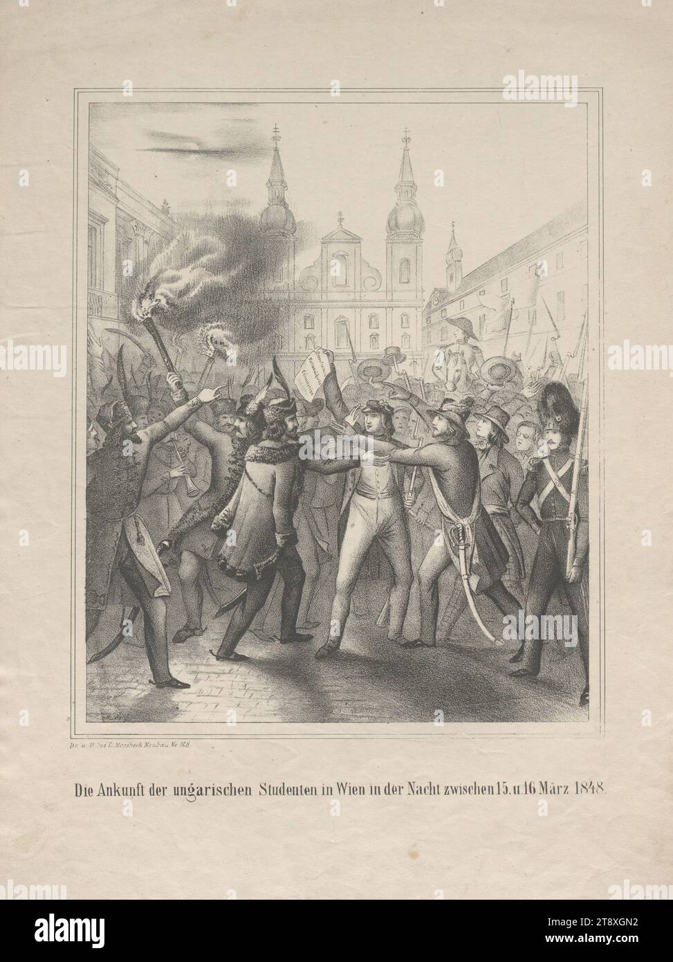 L'arrivo degli studenti ungheresi a Vienna nella notte tra il 15 e il 16 marzo 1848', L. Mossbeck, editore, 1848, carta, litografia a gesso, altezza 40 cm, larghezza 29, 6 cm, Military, Revolutions of 1848, 1849, 1st District: Innere Stadt, il soldato; la vita del soldato, studente, il soldato; la vita del soldato, la Vienna Collection Foto Stock