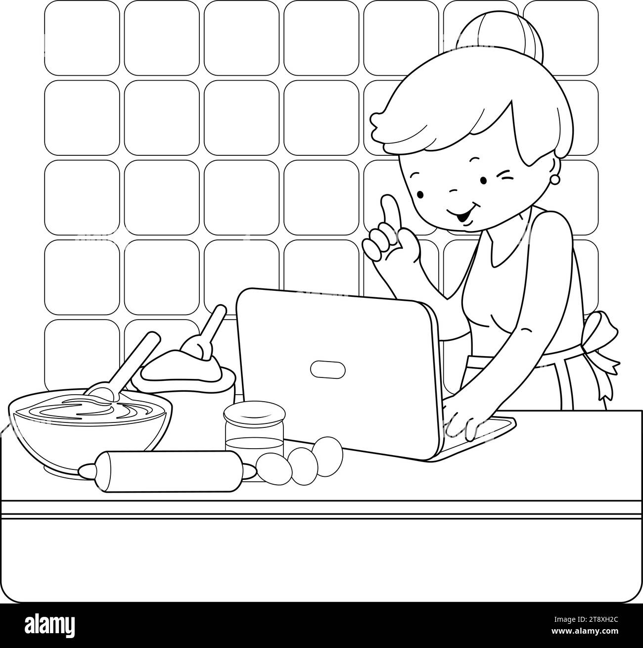 Nonna che cucina e guarda le ricette su Internet. Una donna che cucina al forno. Pagina vettoriale di colorazione in bianco e nero. Illustrazione Vettoriale