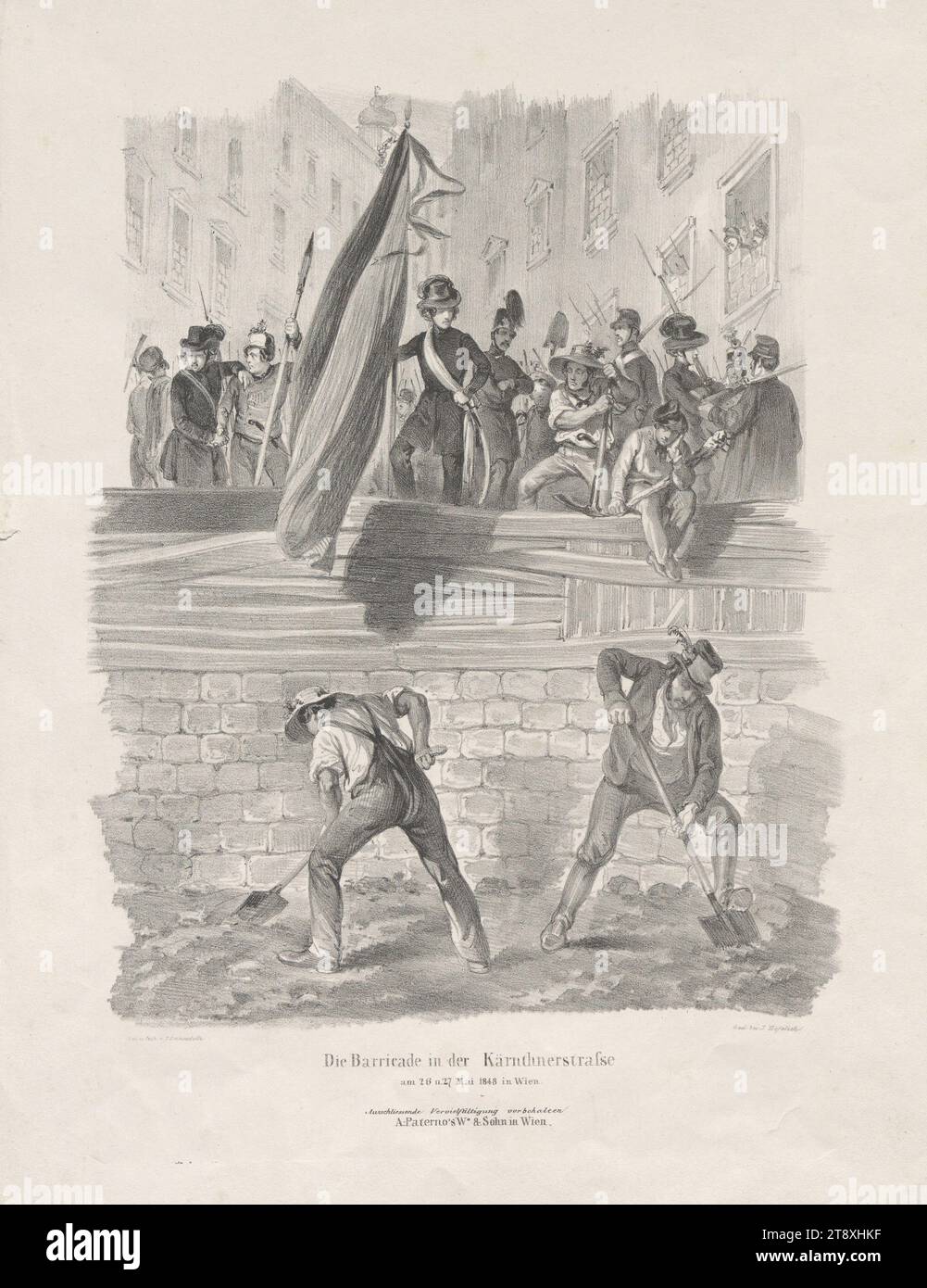 Die Barrikade in der Kärnthnerstrasse, AM 26 u. 27 mai 1848 in Wien', Johann Lanzedelli, litografo, Johann Höfelich (1796-1849), tipografo, vedova di Anton Paterno, editore, 1848, paper, gesso litografia, altezza 36, 4 cm, larghezza 27 cm, arti fini, rivoluzioni di 1848, 1849, blocchi stradali; barricate, bandiera, colori (come simbolo dello stato, ecc.), la Vienna Collection Foto Stock