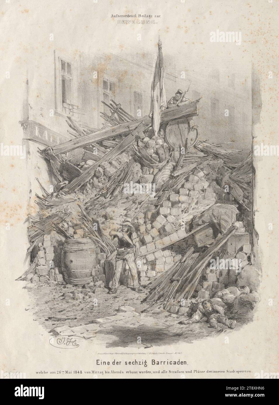 Una delle sessanta barricate, che furono costruite il 26 maggio 1848, da mezzogiorno a sera, bloccando tutte le strade e le piazze del centro città.', attribuita a:, 1848, carta, litografia a gesso, altezza 38,1 cm, larghezza 27,7 cm, arti fini, rivoluzioni di 1848, 1849, ostacoli nelle strade; barricate, la Vienna Collection Foto Stock