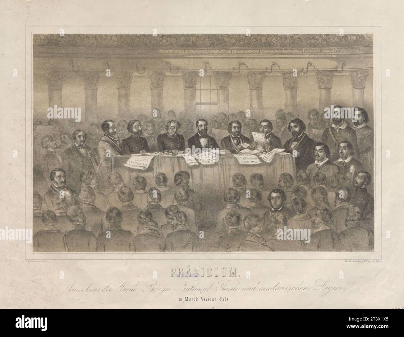 PRESIDIO, Comitato della Guardia Nazionale dei cittadini viennesi e Legione accademica, nella vendita dell'associazione musicale. (Comitato di sicurezza il 27 maggio 1848), Franz Kaliwoda, litografo, Hermann Engel, editore, 1848, carta, litografia a gesso, altezza 38,6 cm, larghezza 51,2 cm, belle arti, militari, rivoluzioni di 1848, 1849, riunione, ritratto di gruppo, la Vienna Collection Foto Stock