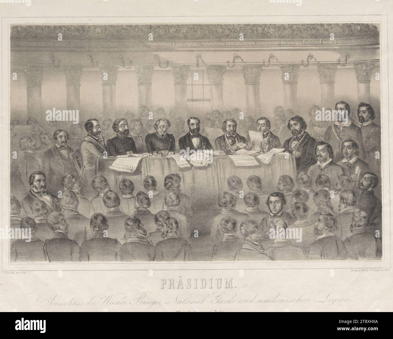 PRESIDIO, Comitato della Guardia Nazionale dei cittadini viennesi e Legione accademica, nella vendita dell'associazione musicale. (Comitato di sicurezza il 27 maggio 1848), Franz Kaliwoda, litografo, Hermann Engel, editore, 1848, carta, litografia a gesso, altezza 36,1 cm, larghezza 45,5 cm, belle arti, militari, rivoluzioni di 1848, 1849, assemblaggio, ritratto di gruppo, la Vienna Collection Foto Stock