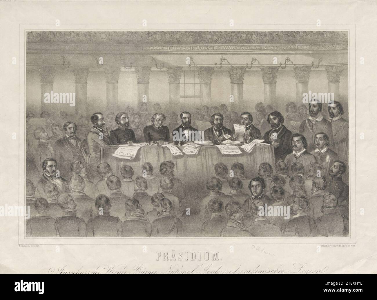 PRESIDIO, Comitato della Guardia Nazionale dei cittadini viennesi e Legione accademica, nella vendita dell'associazione musicale. (Comitato di sicurezza il 27 maggio 1848), Franz Kaliwoda, litografo, Hermann Engel, editore, 1848, carta, litografia a gesso, altezza 36,5 cm, larghezza 50,6 cm, belle arti, militari, rivoluzioni di 1848, 1849, riunione, assemblea, ritratto di gruppo, la collezione Vienna Foto Stock
