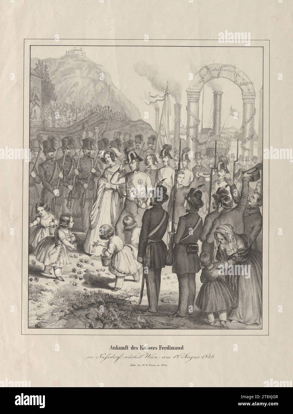 Arrivo dell'imperatore Ferdinando, a Nussdorf nächst Wien, il 12 agosto 1848." (Ferdinando i e Maria Anna Carolina), Matthias Rudolph Toma (1792-1869), stampante, 1848, carta, litografia a gesso, altezza 39 cm, larghezza 28,9 cm, Belle Arti, Asburgo, feste pubbliche e celebrazioni, rivoluzioni del 1848, 1849, 19: Döbling, Regina; imperatrice, festeggiamenti pubblici, re; imperatore, sovrano, Sovereign., la Vienna Collection Foto Stock