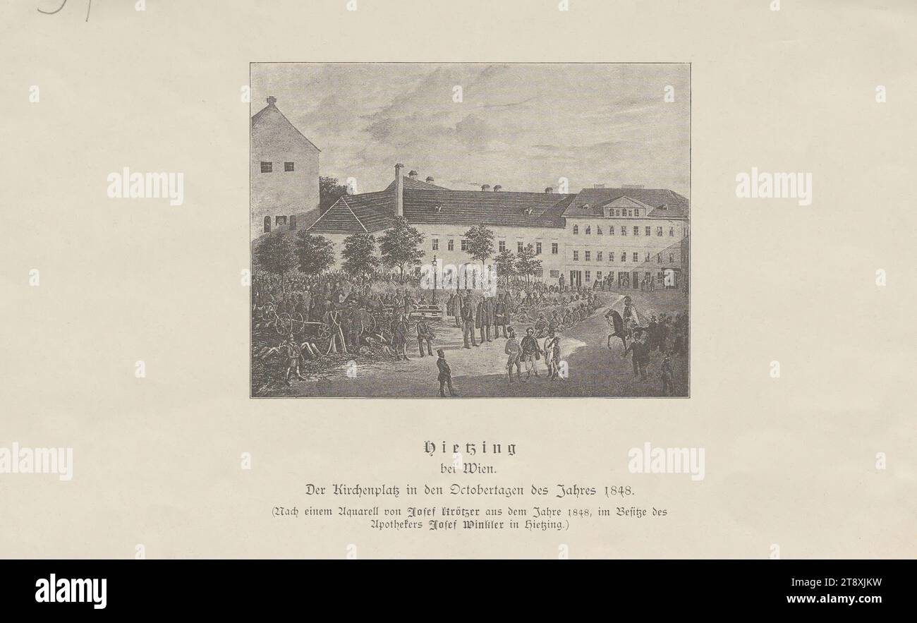 Hietzing, vicino a Vienna, la piazza della chiesa nei giorni di ottobre 1848', 1901-1950, carta, stampa da fotografia, altezza 17,3 cm, larghezza 26,5 cm, militare, rivoluzioni di 1848, 1849, belle arti, tredicesimo distretto: Hietzing, il soldato; la vita del soldato., la Vienna Collection Foto Stock