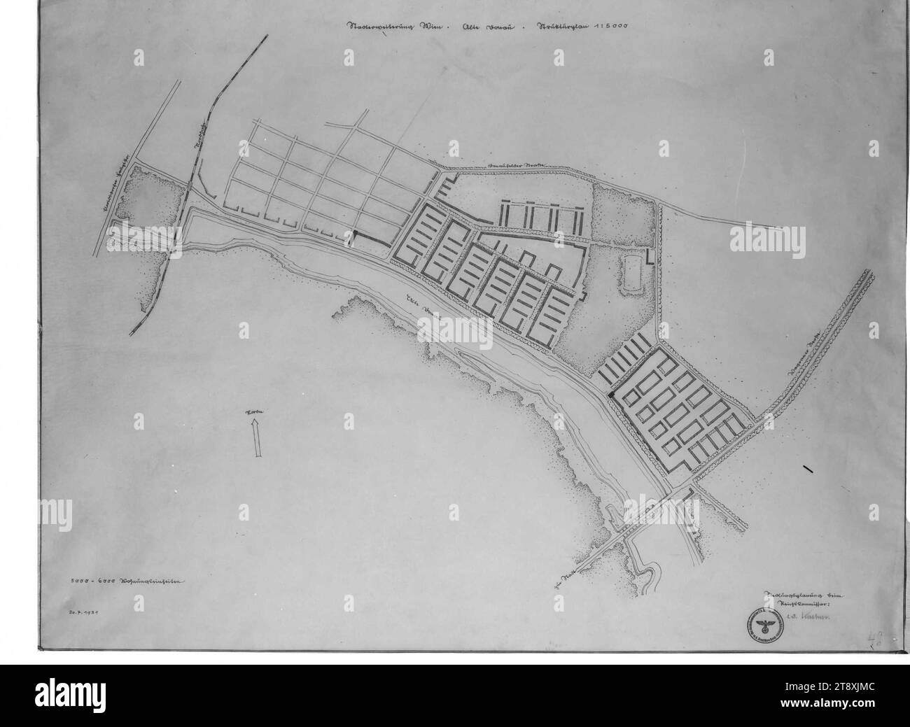 Progetto di un complesso residenziale progettato a nord dell'alte Donau (area Wagramer Straße, Donaufelderstraße), Martin Gerlach jun. (1879-1944), fotografo, data c. 1938-1940, vetro, negativo, altezza 17,8 cm, larghezza 23,8 cm, urbanistica e urbanistica, 22° distretto: Donaustadt, piani urbani, la collezione Vienna Foto Stock