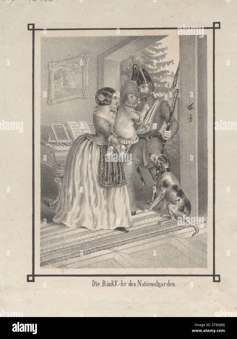 The Return of the National Guard' (nell'ottobre 1848), 1849, carta, gesso litografia, altezza 29,4 cm, larghezza 22,2 cm, militare, famiglia, amore, animali, rivoluzioni del 1848, 1849, il soldato; la vita del soldato, donna, bambino, cane, la Vienna Collection Foto Stock