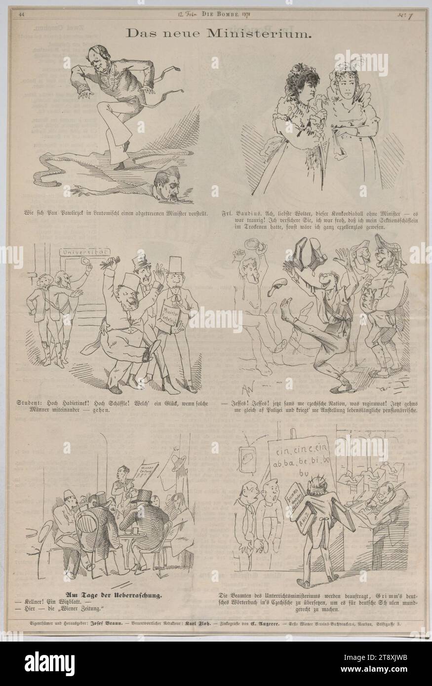 Friedrich Ferdinand Graf von Beust; The New Ministry (sequenza di cartoni animati da "The Bomb"), AW, fumettista, 1871, paper, altezza 42,1 cm, larghezza 28,3 cm, caricatura, satira, politica, media e comunicazione, tenuta di Constantin von Wurzbach, uomo, politico, settimanale, mensile, journal, etc., Friedrich Ferdinand Graf Beust, The Vienna Collection Foto Stock