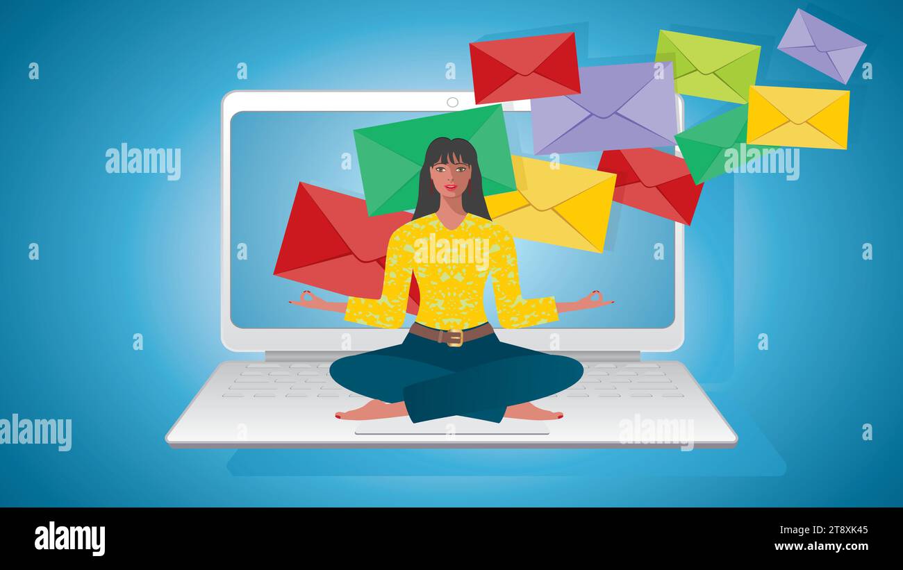 Donna, ragazza in posizione yoga davanti allo schermo del notebook, dove arrivano molte e-mail. Isolato. Illustrazione vettoriale. Illustrazione Vettoriale