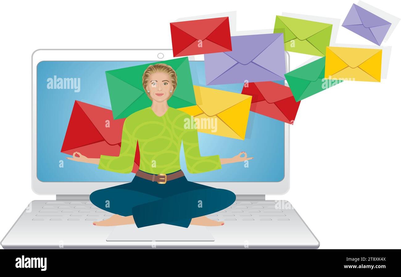 Donna in posizione yoga davanti allo schermo del notebook, dove arrivano molte e-mail. Isolato. Illustrazione vettoriale. Illustrazione Vettoriale