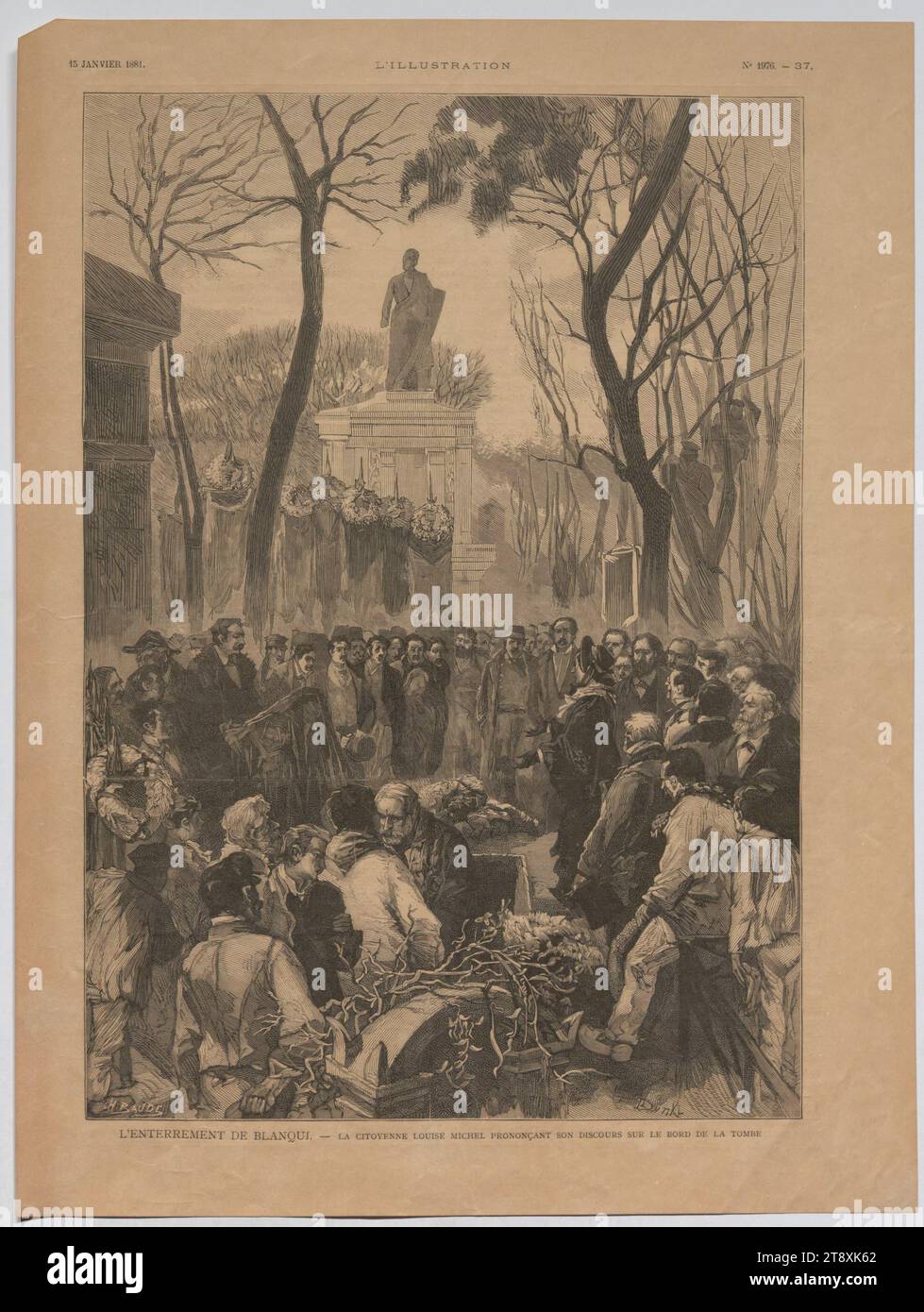 L'ENTERREMENT DE BLANQUI. - LA CITOYENNE LOUISE MICHEL PRONONCANT SON DISCOURS SUR LE BORD DE LA TOMBE', Charles Baude (1853-1935), artista, Louis Dünki (1856-1915), artista, 1881, carta, incisione legno, altezza 36,4 cm, larghezza 27,2 cm, belle arti, malattia e morte, tenuta di Constantin von Wurzbach, cerimoniale funebre, funerale pubblico., la collezione Vienna Foto Stock