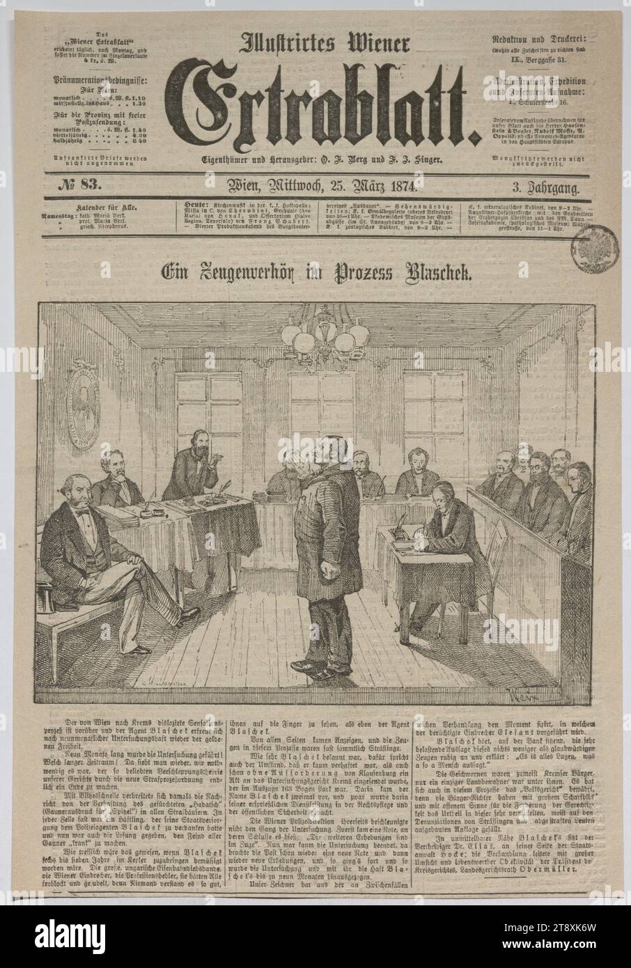 Interrogatorio di un testimone nel processo Blaschek (pagina del titolo di "Illustrirtes Wiener Extrablatt"), Richard Weix (Weixlgärtner) (1849-1912), artista, C. Millmann, esecuzione, 1874, carta, altezza 36,7 cm, larghezza 24,9 cm, supporti e comunicazioni, legge e giustizia, arti visive, tenuta di Constantin von Wurzbach, sessione di corte (corte), giornale, bollettino informativo, la collezione di Vienna Foto Stock