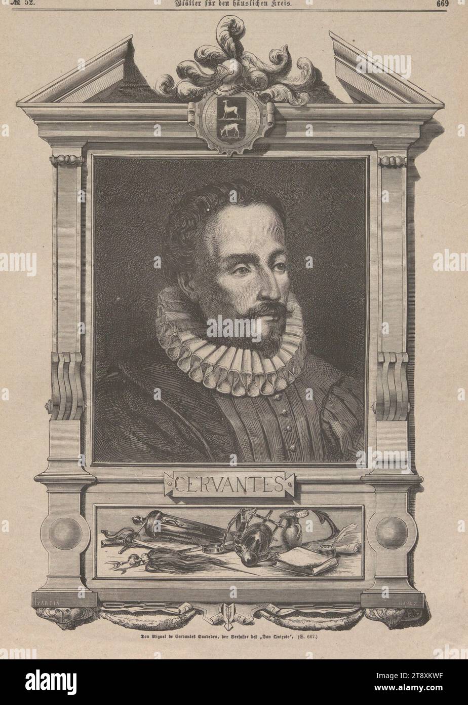 Don Miguel de Cervantes Saavedra, autore di "Don Chisciotte" (da "foglie per il circolo domestico"), sconosciuto, 1872, carta, incisione in legno, altezza 37 cm, larghezza 27 cm, Belle Arti, tenuta di Constantin von Wurzbach, ritratto, uomo, scrittore, poeta, autore, The Vienna Collection Foto Stock
