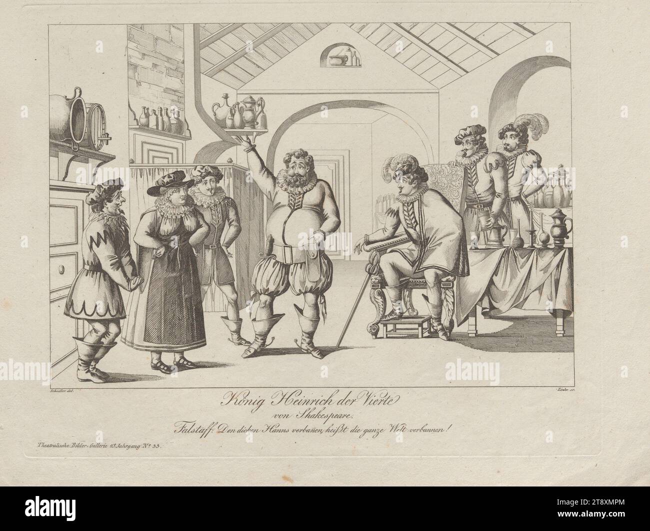 King Henry the Fourth di Shakespeare (Galleria delle immagini teatrali al Theaterzeitung, Vol. 2, No. 33), Johann Wenzel Zinke (1782-1851), incisore, 1834-1835, colorato, incisione su copperplate, altezza 26,5 cm, larghezza 34,7 cm, dimensioni piatto 22 x 28 cm, teatro, arti dello spettacolo, belle arti, attore (sul palco), la Vienna Collection Foto Stock