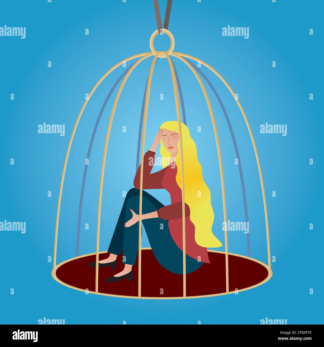 Donna triste, ragazza intrappolata in gabbia per uccelli. Composizione quadrata. Illustrazione vettoriale. Illustrazione Vettoriale