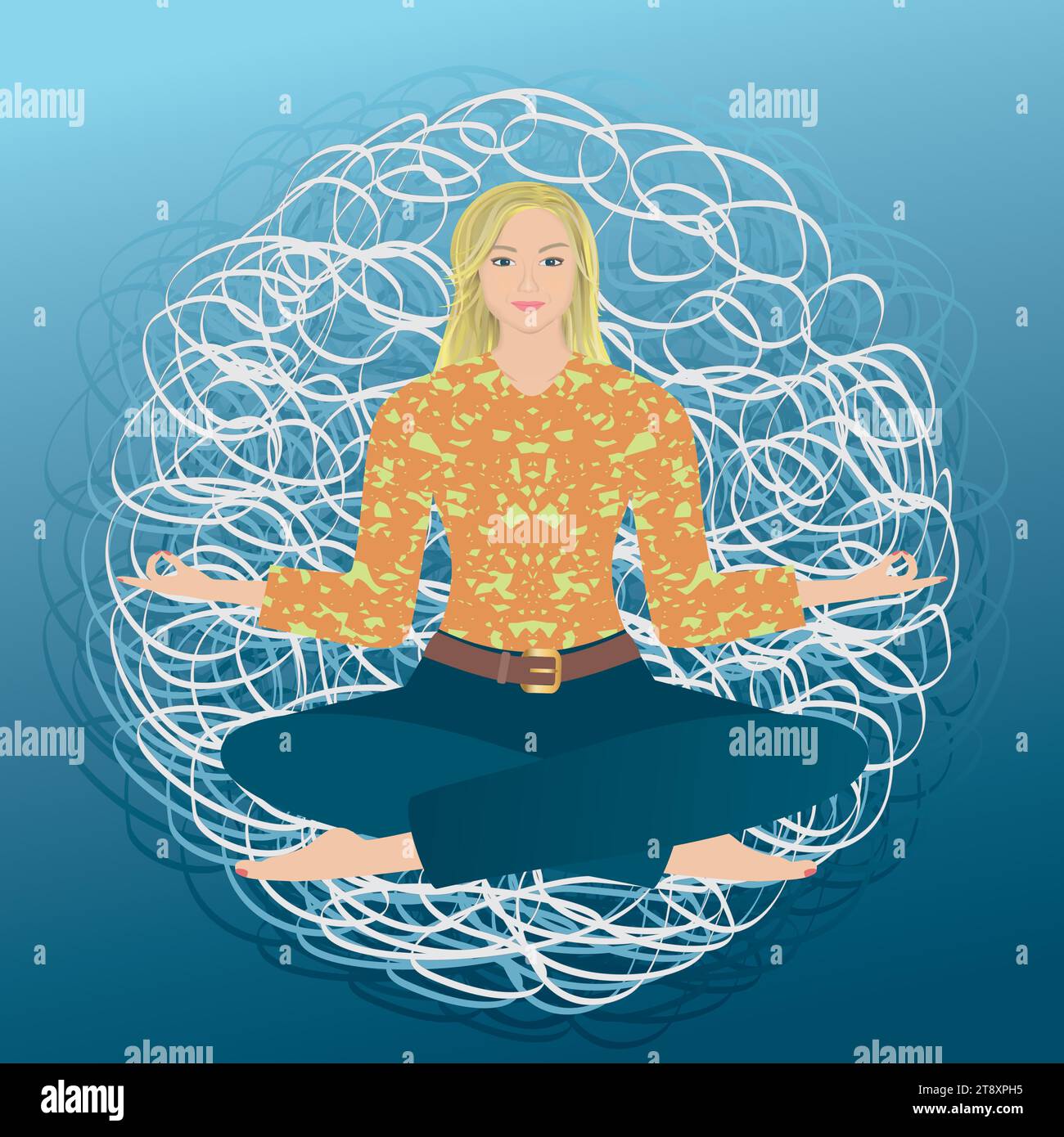 Donna in posizione yoga in un contesto disordinato. Composizione quadrata. Illustrazione vettoriale. Illustrazione Vettoriale