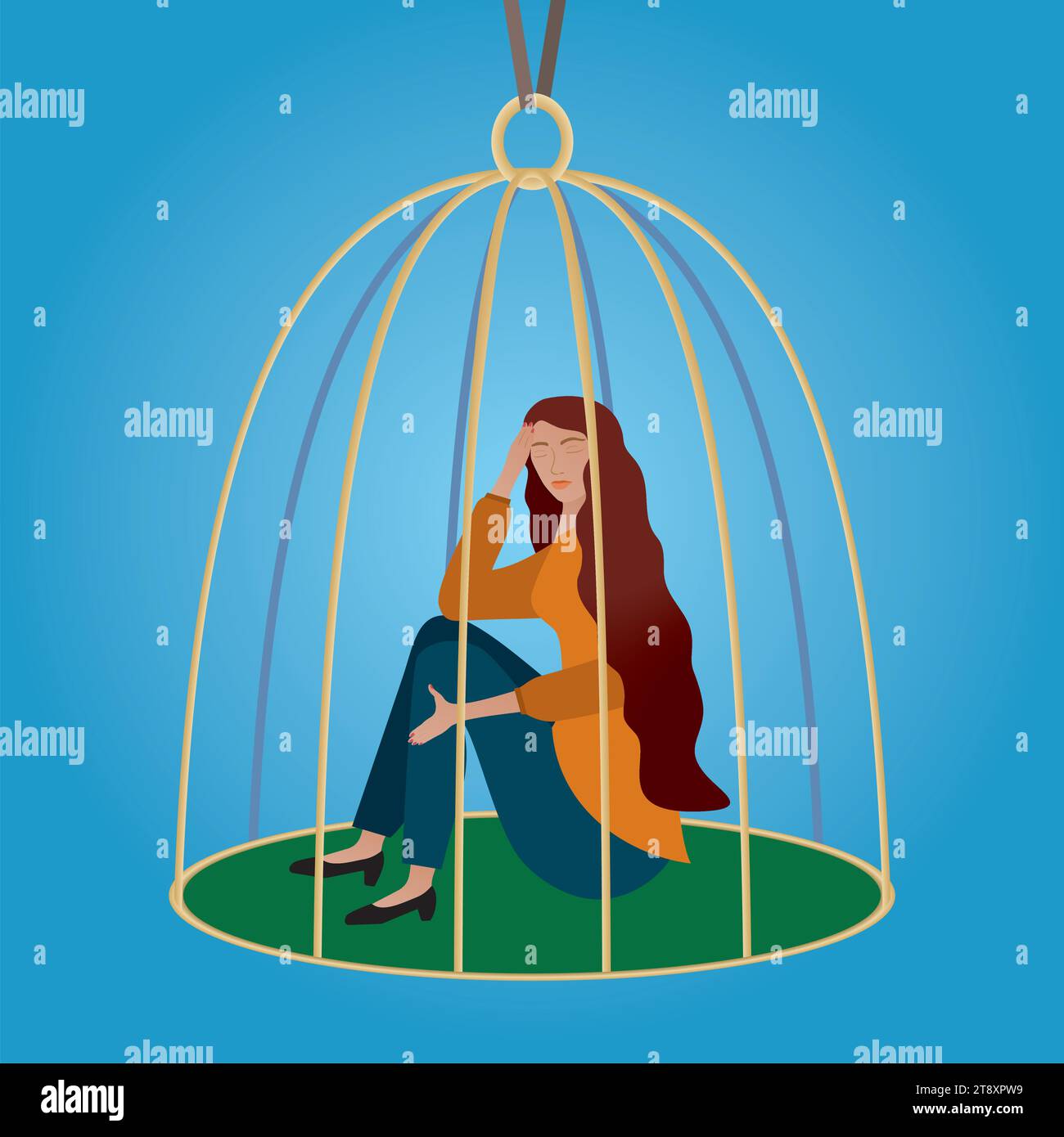 Donna triste e solitaria intrappolata in gabbia per uccelli. Composizione quadrata. Illustrazione vettoriale. Illustrazione Vettoriale