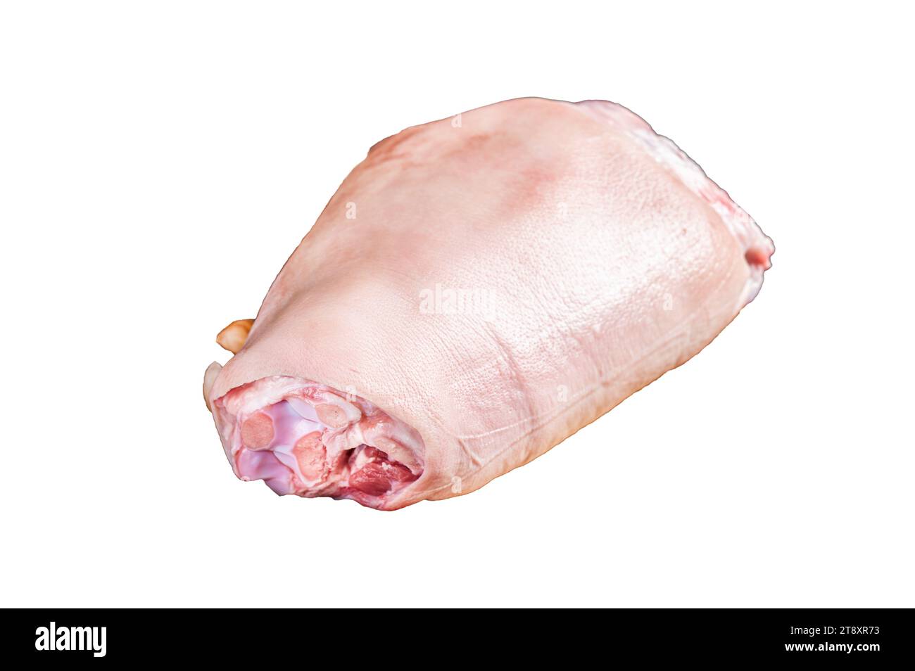 Il prosciutto crudo di maiale si attacca su una piastra di acciaio con erbe. Isolata, sfondo bianco Foto Stock