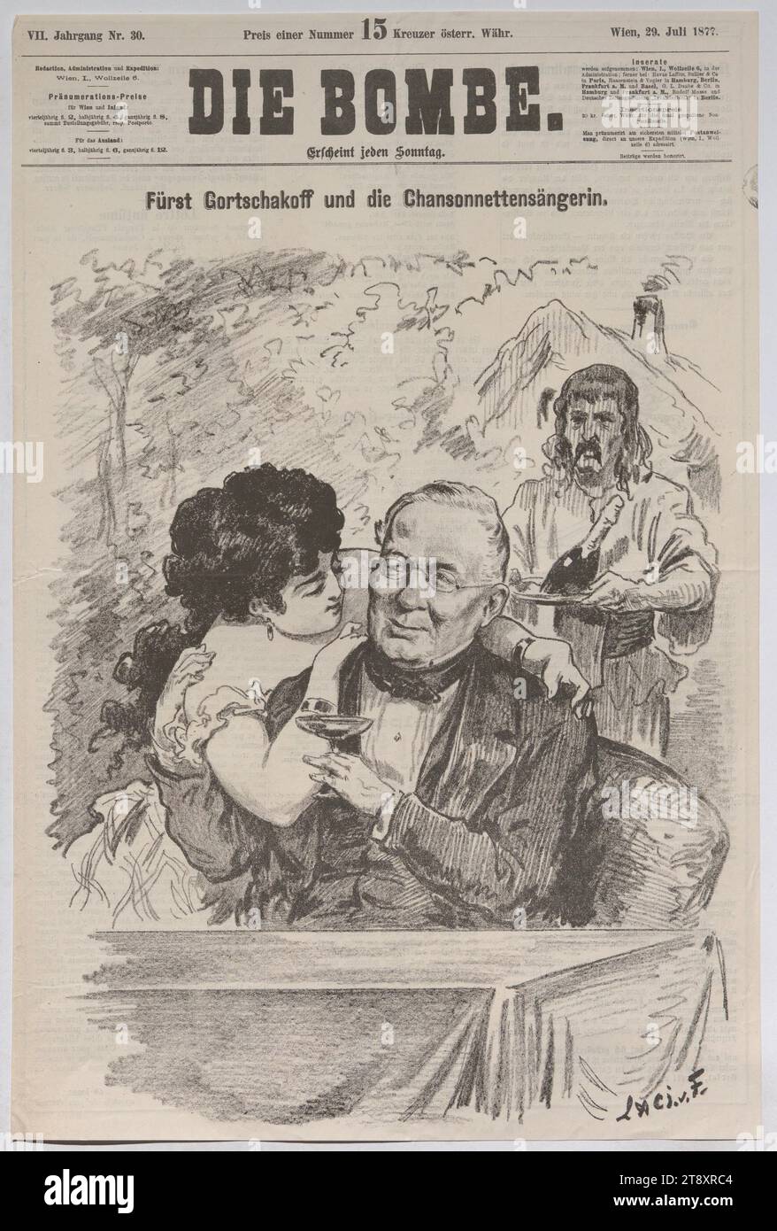 Prince Gorchakoff and the Chansonette Singer', László Frecskay (1844-1916), artista, 1877, paper, stampa, altezza 44 cm, larghezza 29,1 cm, caricatura, satira, nobiltà, media e comunicazione, musica, tenuta di Constantin von Wurzbach, ritratto, cantante, donna, uomo, settimanale, mensile, ecc., musicista., la Vienna Collection Foto Stock