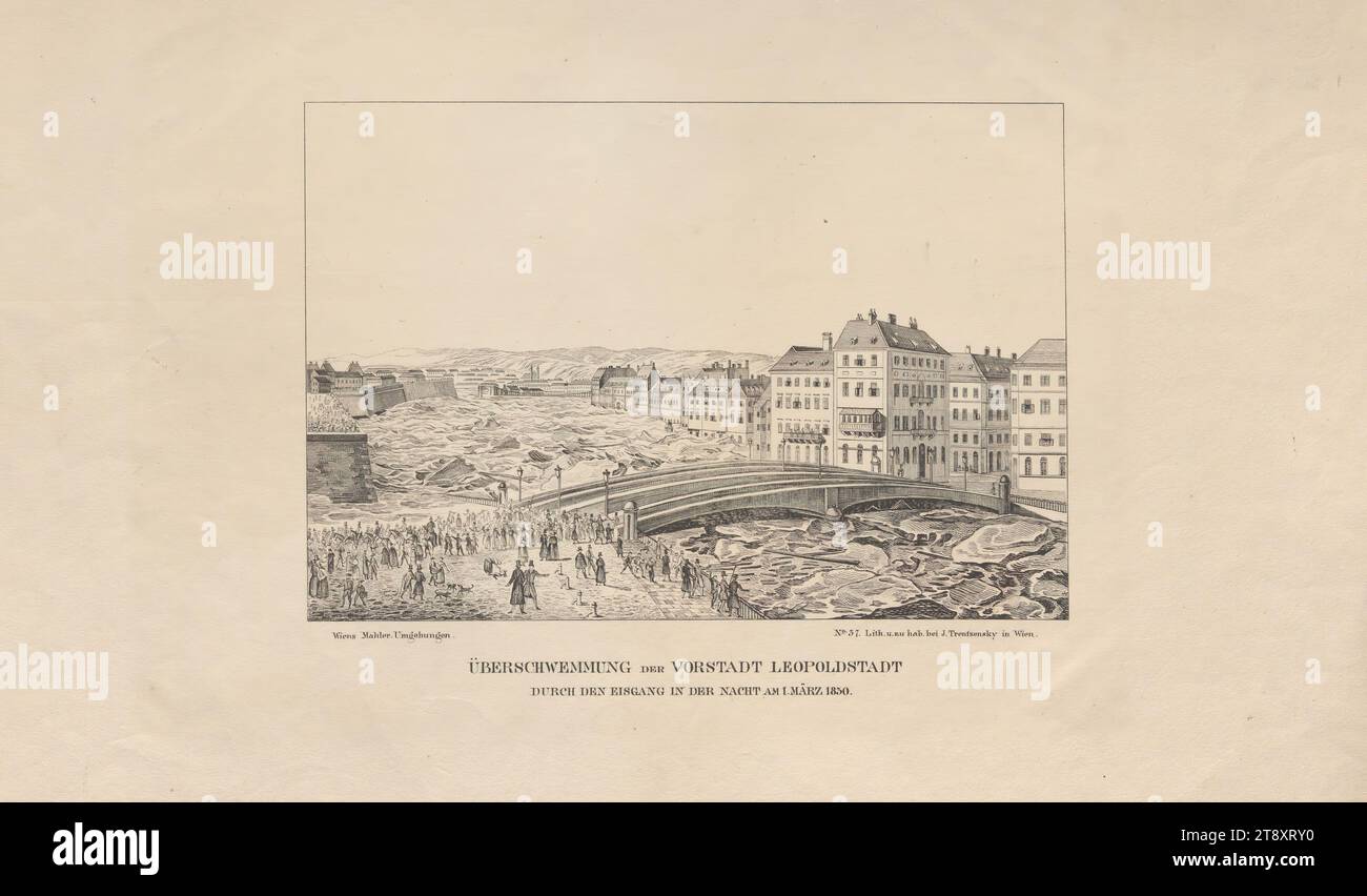 L'inondazione del sobborgo di Leopoldstadt a causa della caduta di ghiaccio nella notte del 1° marzo 1830 ('Wiens mahler. Umgebungen' No. 37), Joseph Trentsensky (1794-1839), editore, 1830, paper, litografia, altezza x larghezza 31 x 49,2 cm, calamità naturale, Danubio, belle arti, 9° distretto: Alsergrund, inondazione, fiume, ghiaccio  tempo gelido, ponte, la collezione Vienna Foto Stock