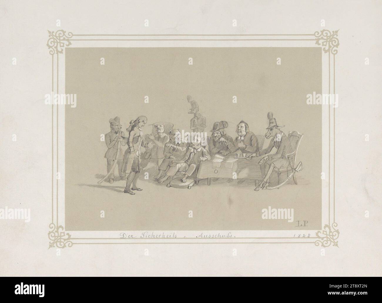 Security=Committee." (Caricatura della Rivoluzione del 1848), Ludwig (Louis) Freiherr von Pereira-Arnstein (1803-1858), disegnatore, 1848, paper, white heightening, disegno a matita, altezza 22,2 cm, larghezza 29,8 cm, caricatura, satira, sicurezza e criminalità, animali, rivoluzioni del 1848, 1849, la collezione Vienna Foto Stock