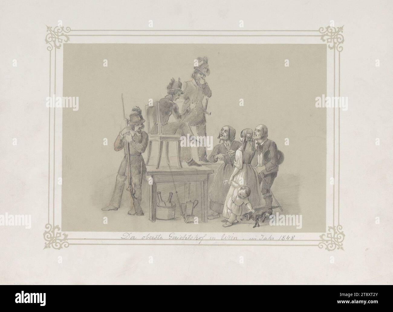 La corte suprema di Vienna. nel 1848." (Caricatura della Rivoluzione del 1848), Ludwig (Louis) Freiherr von Pereira-Arnstein (1803-1858), disegnatore, 1848, paper, white heightening, disegno a matita, altezza 22,2 cm, larghezza 29,5 cm, caricatura, satira, legge e giustizia, rivoluzioni del 1848, 1849, sessione di tribunale (Corte di giustizia), la collezione di Vienna Foto Stock