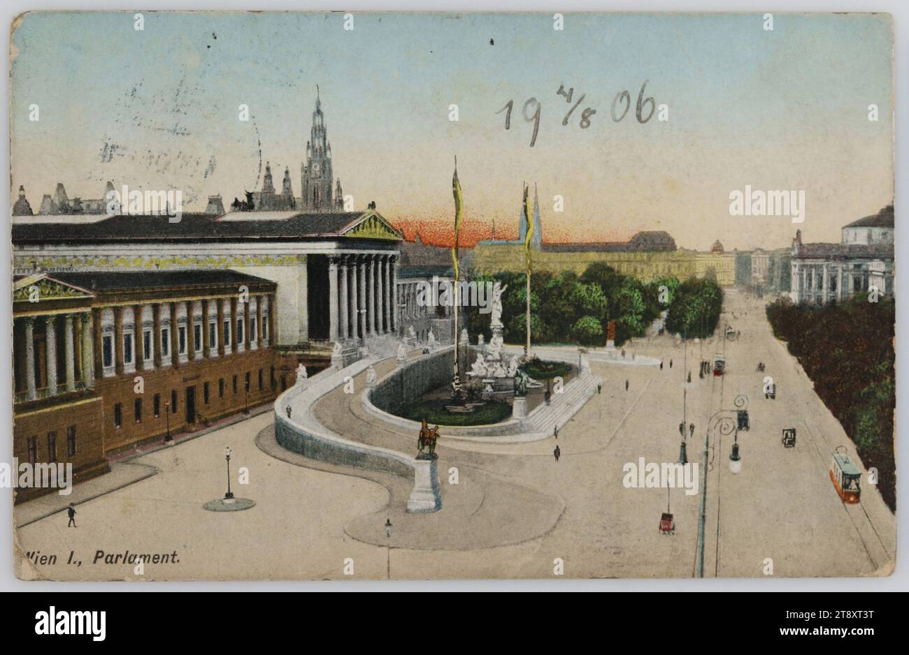 Vienna I., Parlamento, Brüder Kohn KG (B. K. W. I.. ), produttore, 1906, cartone patinato, stampa autocromatica, iscrizione, DA, Vienna, A, Praha II, INDIRIZZO, Pan ..., monteur, Praha II, Mýtní ulice, u Šlaisrů, Sig. [nome], monteur, Praha II, Mýtní ul, (u Šlaisrů), MESSAGGIO, 4, 8 1906, Milý přiteli, Zápasime V Prátru V Venediku je nás zde 25. Myslím že budou výsledky V politice Srdečné Tě zdraví [podpis], 4, 8 1906 caro amico lottiamo nel Prater di Venezia [parco divertimenti "Venezia a Vienna", dove si sono svolte partite internazionali di lotta nell'agosto 1906 Foto Stock